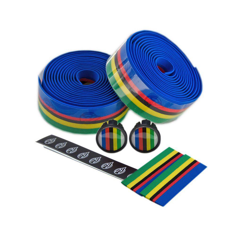 Cinelli World Champion bar tape with rainbow design and deluxe plugs on a road bike handlebar.