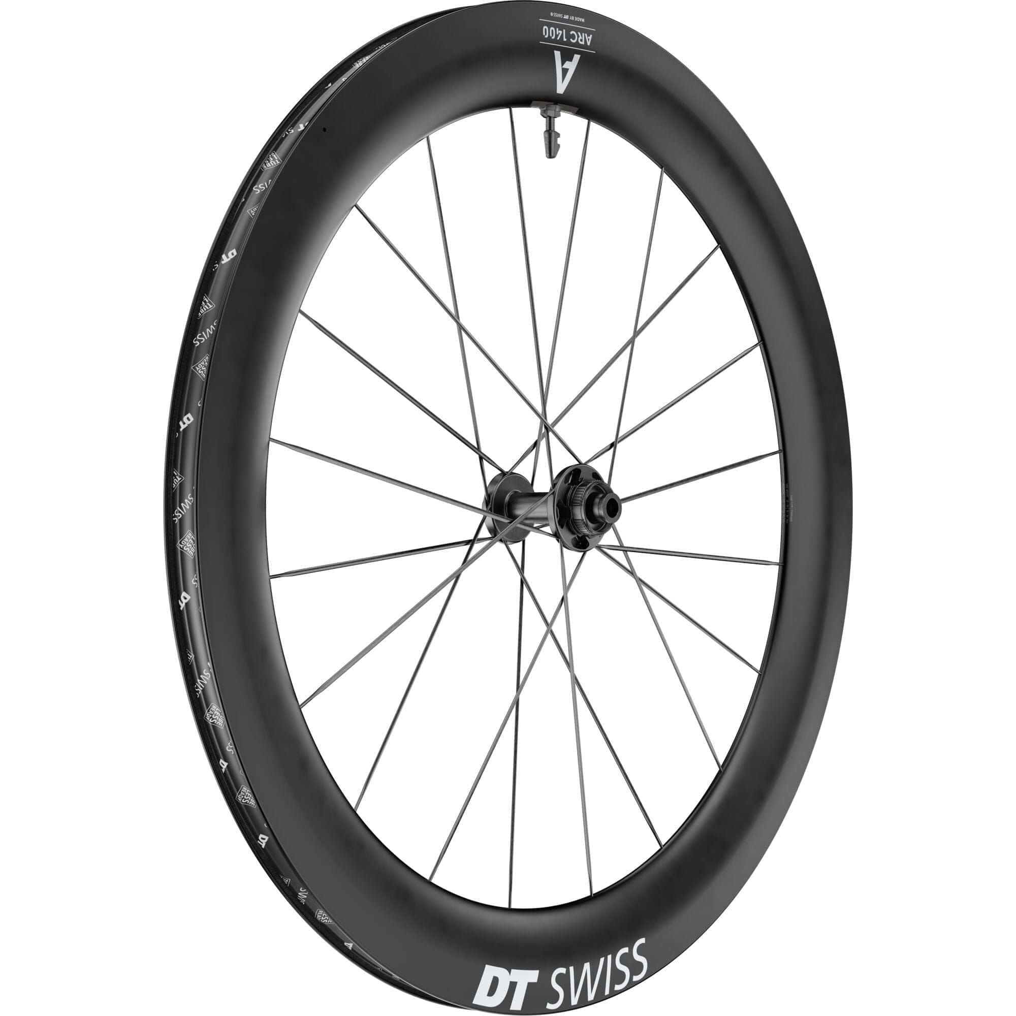 DT Swiss ARC 1400 DICUT front carbon clincher wheel with 65x22mm rim and disc brake compatibility for high-performance cycling.
