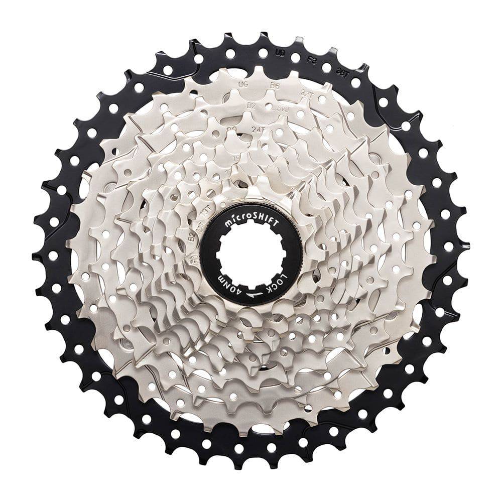 MicroSHIFT Sword H-Series 10-speed 11-38 cassette for standard freehub body, showcasing the metal gear teeth and black finish.