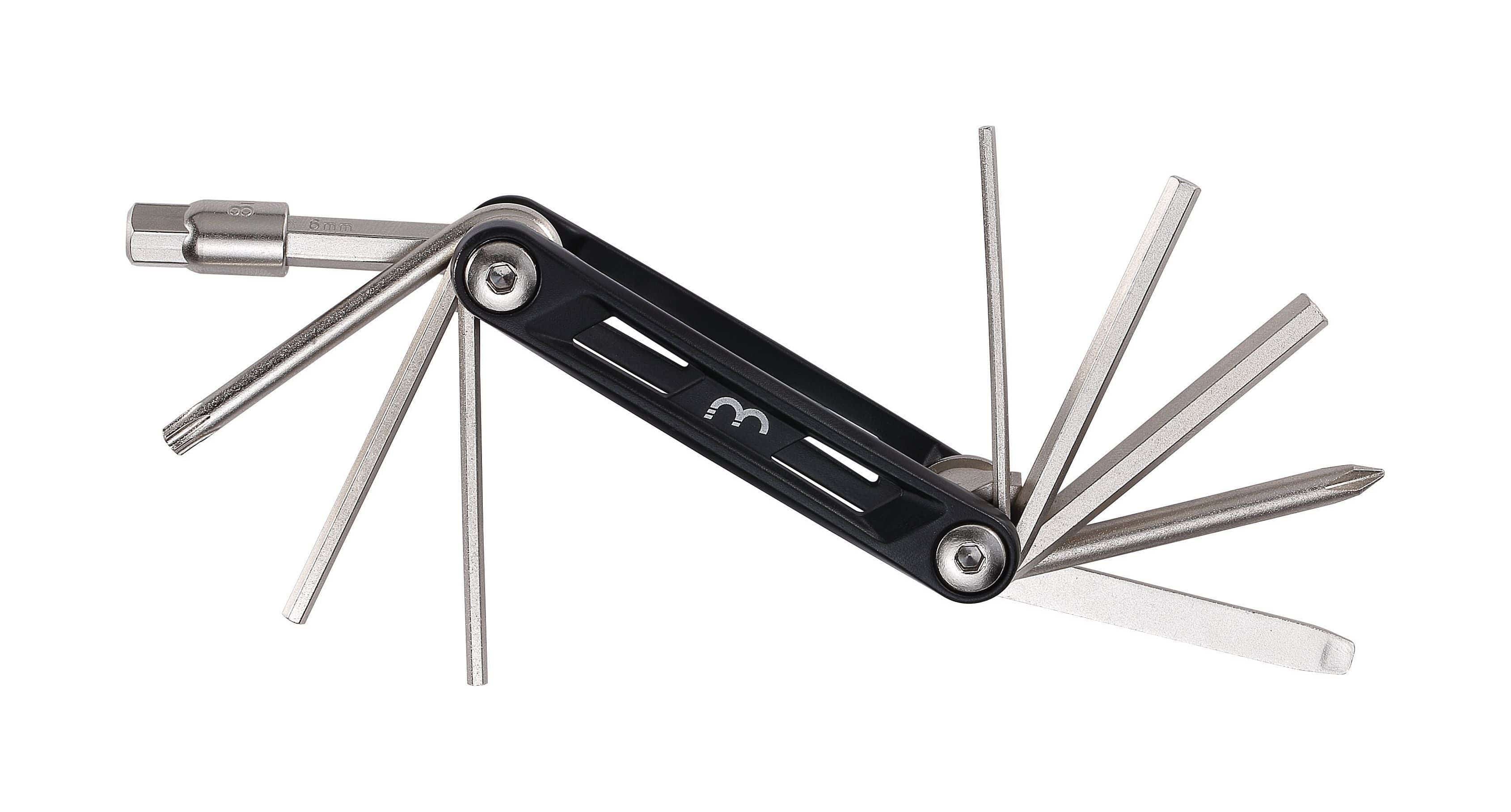 BBB BTL-141S Maxifold S mini-folding bike tool with 10 functions, shown in an aluminium case, ideal for bicycle repairs.