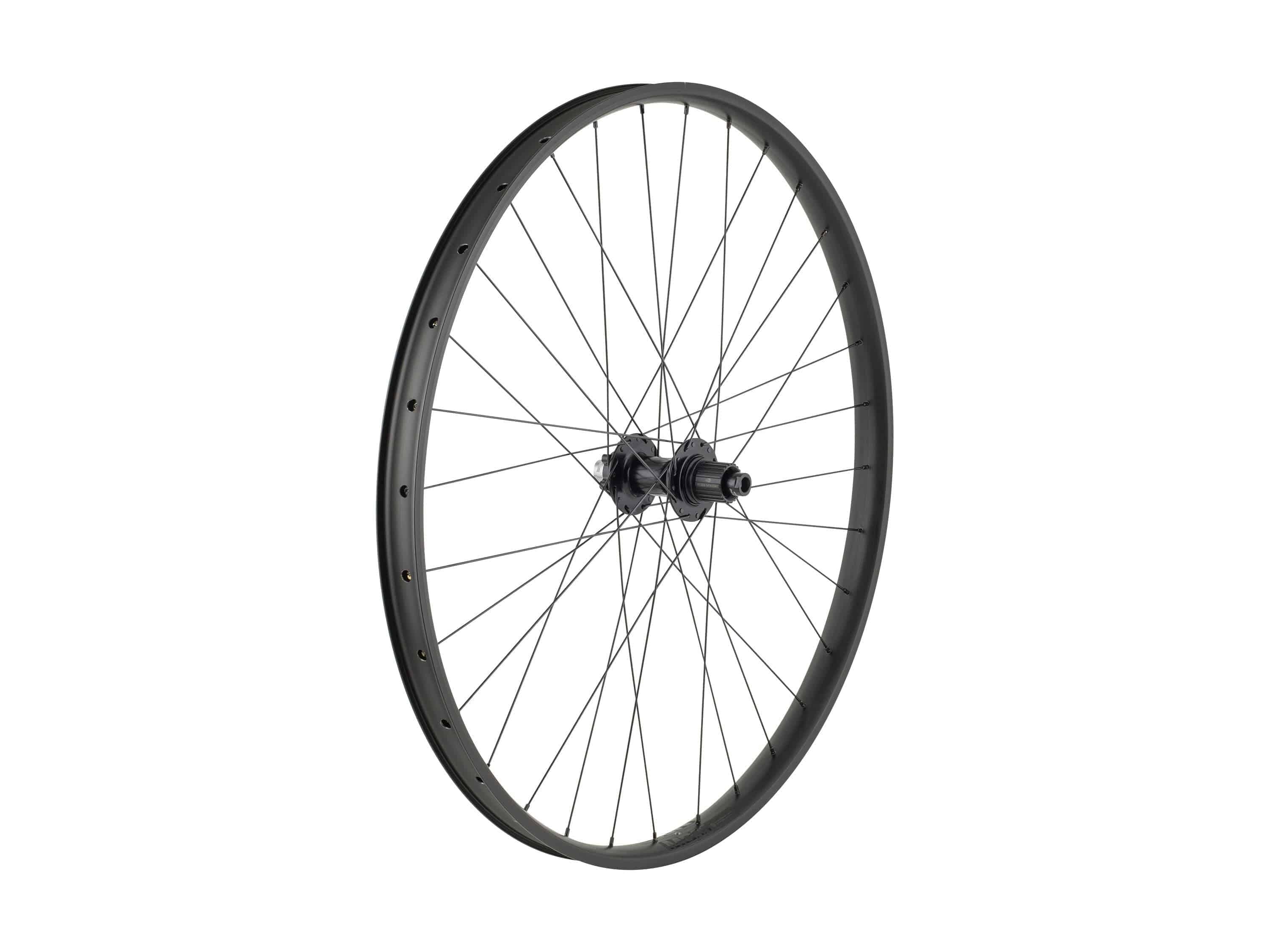 Trek Alex MD35 Boost 29-inch MTB rear wheel with Shimano Micro Spline hub, black and dark grey, 12-speed compatible component.