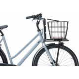 Basil Norland MIK 23L black and natural brown bicycle basket, front and rear carrier compatible, mounted on a bike.
