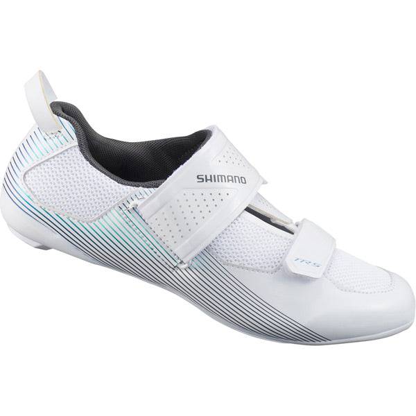 Shimano TR5W women's road cycling shoes with SPD-SL cleats, lightweight triathlon footwear, black with white accents.