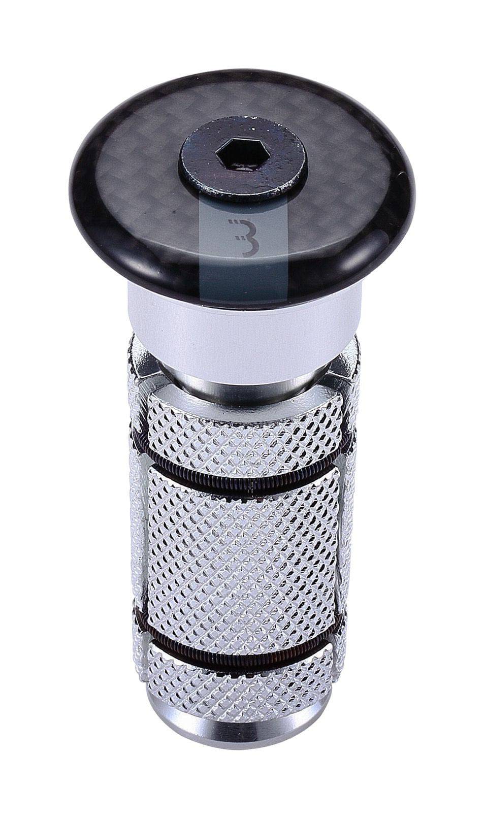 BBB BAP-03 PowerHead 1.1/8 headset compressor tool for carbon and aluminum bike forks, shown in use with ergonomic handles.