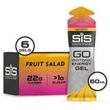 Science In Sport GO Energy Gel Fruit Salad flavor, box of 6, showing individual energy gel packets with colorful fruit-themed packaging.
