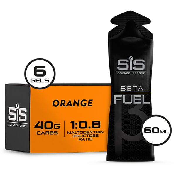 Science In Sport Beta Fuel energy gel box with six endurance gels, featuring nootropics for mental focus and energy support.