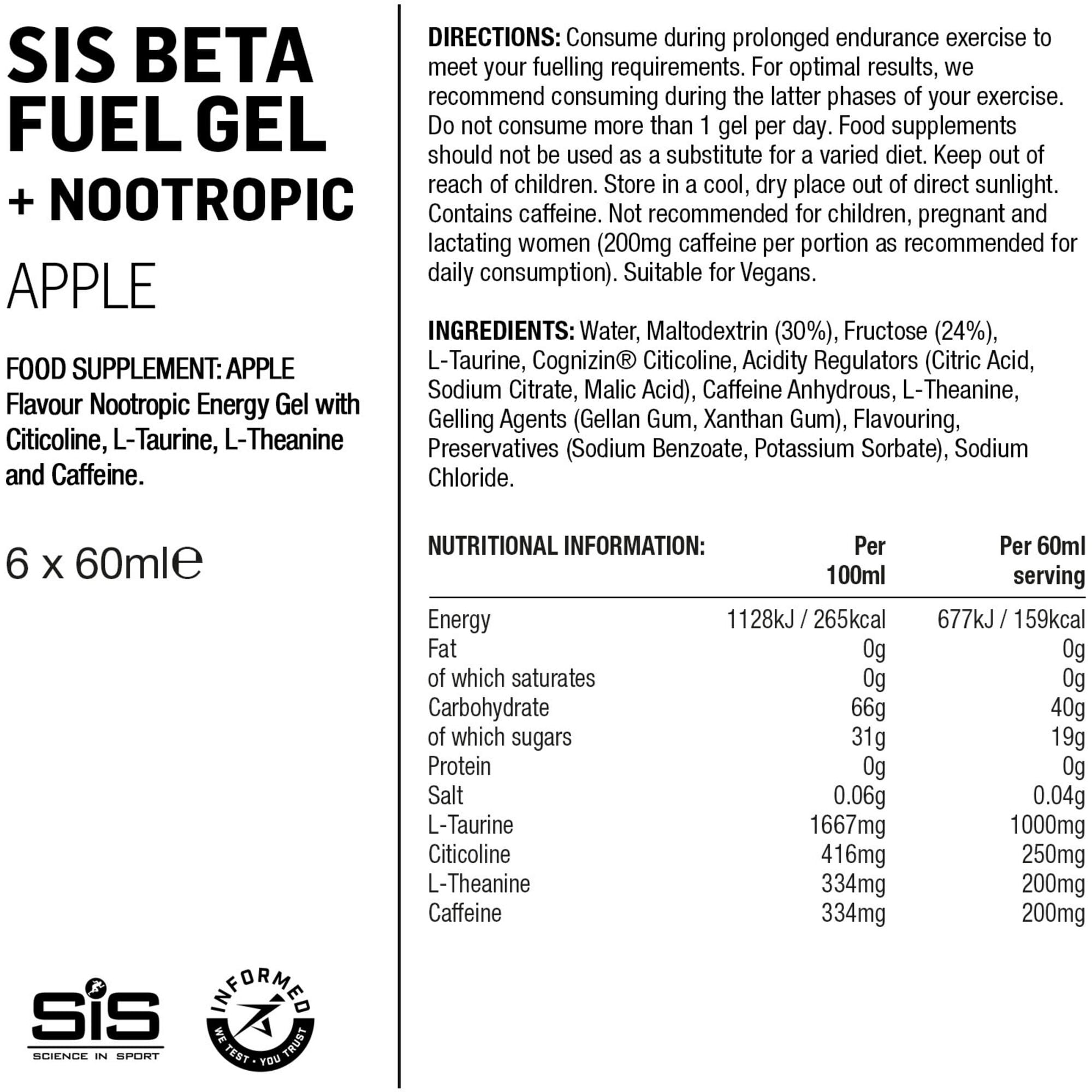 Science In Sport Beta Fuel energy gel box with six endurance gels, featuring nootropics for mental focus and physical stamina.