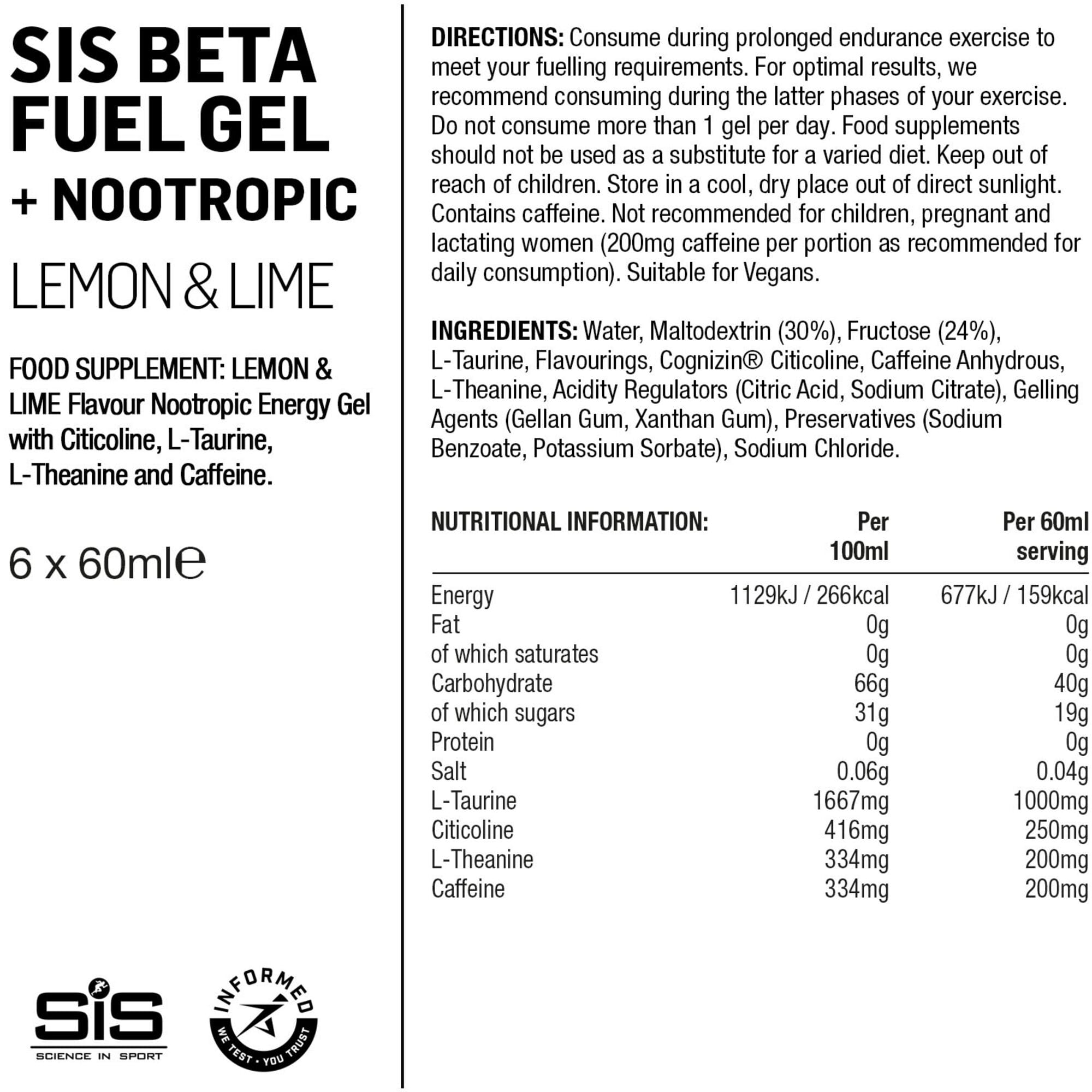 Science In Sport Beta Fuel energy gel box with six nootropic endurance gels, featuring sleek packaging and gel tubes.