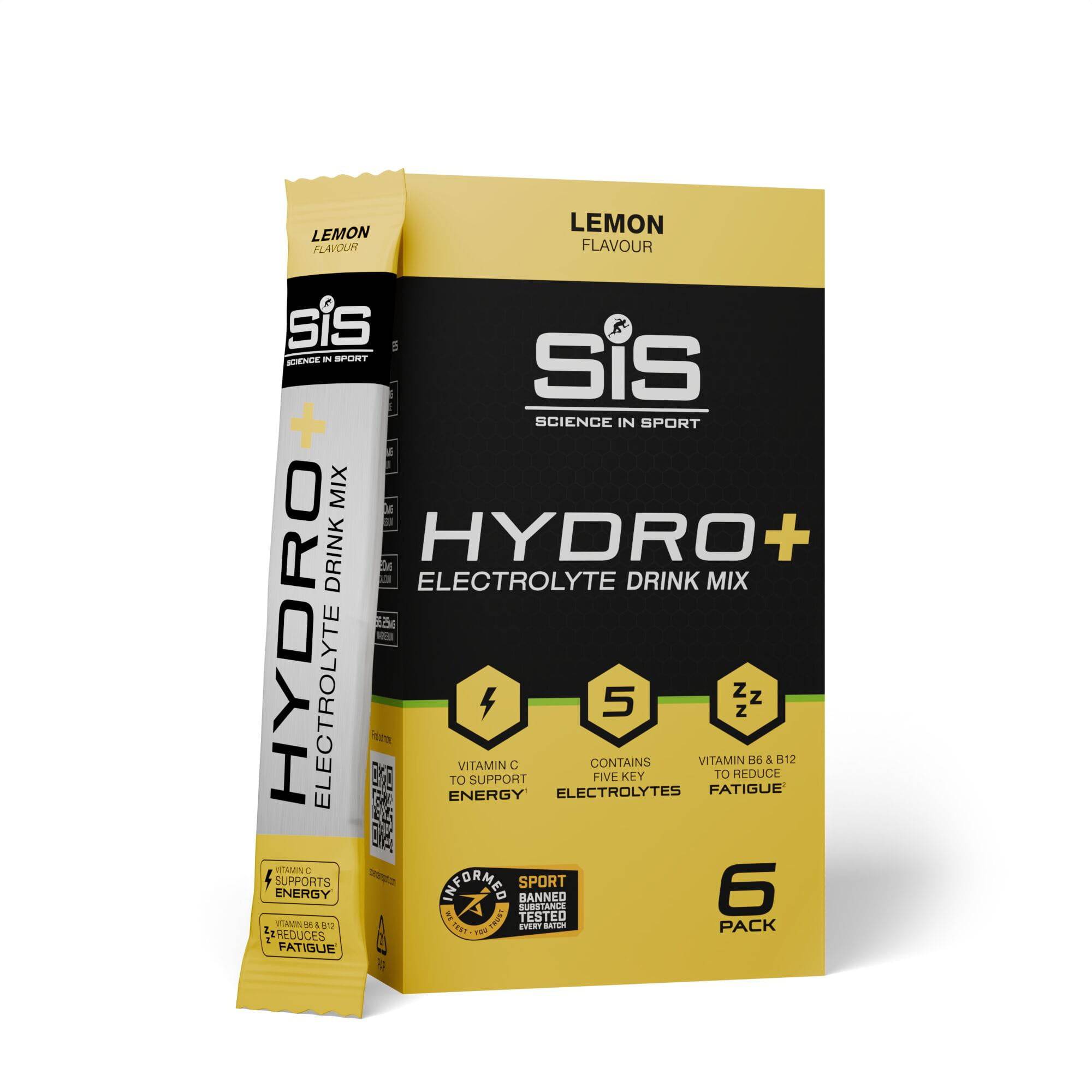 Science In Sport Hydro+ Lemon electrolyte powder stick for hydration and energy, with lemon flavor and convenient portable packaging.