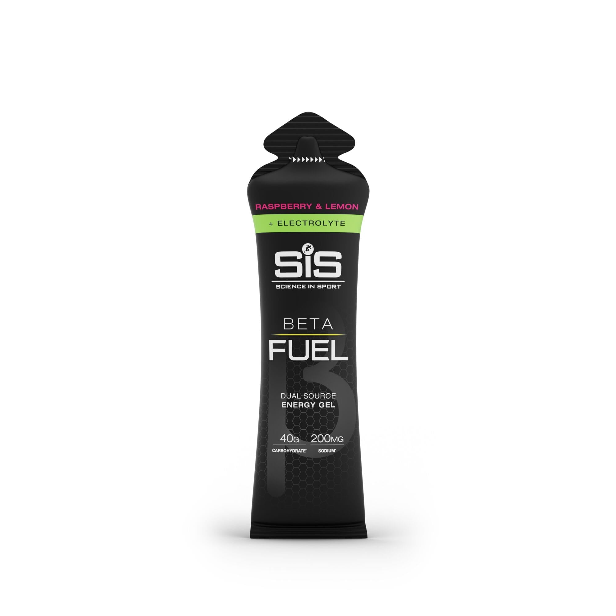 Science In Sport Beta Fuel energy gel with electrolytes for endurance athletes, shown in a clear packet with vibrant branding.