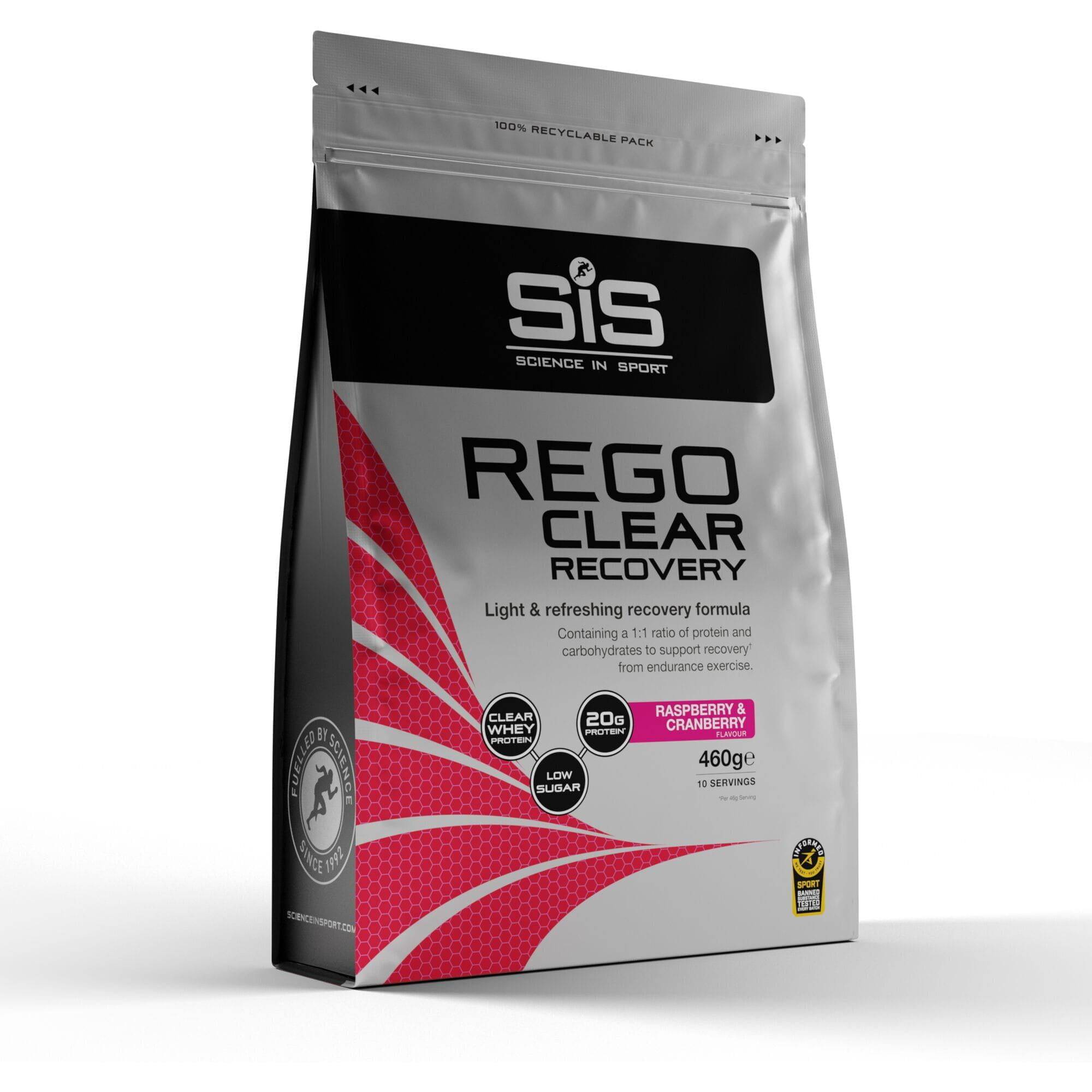 Science In Sport Rego Clear Whey Protein Drink accessory in a clear bottle, low sugar recovery supplement for post-workout nutrition.
