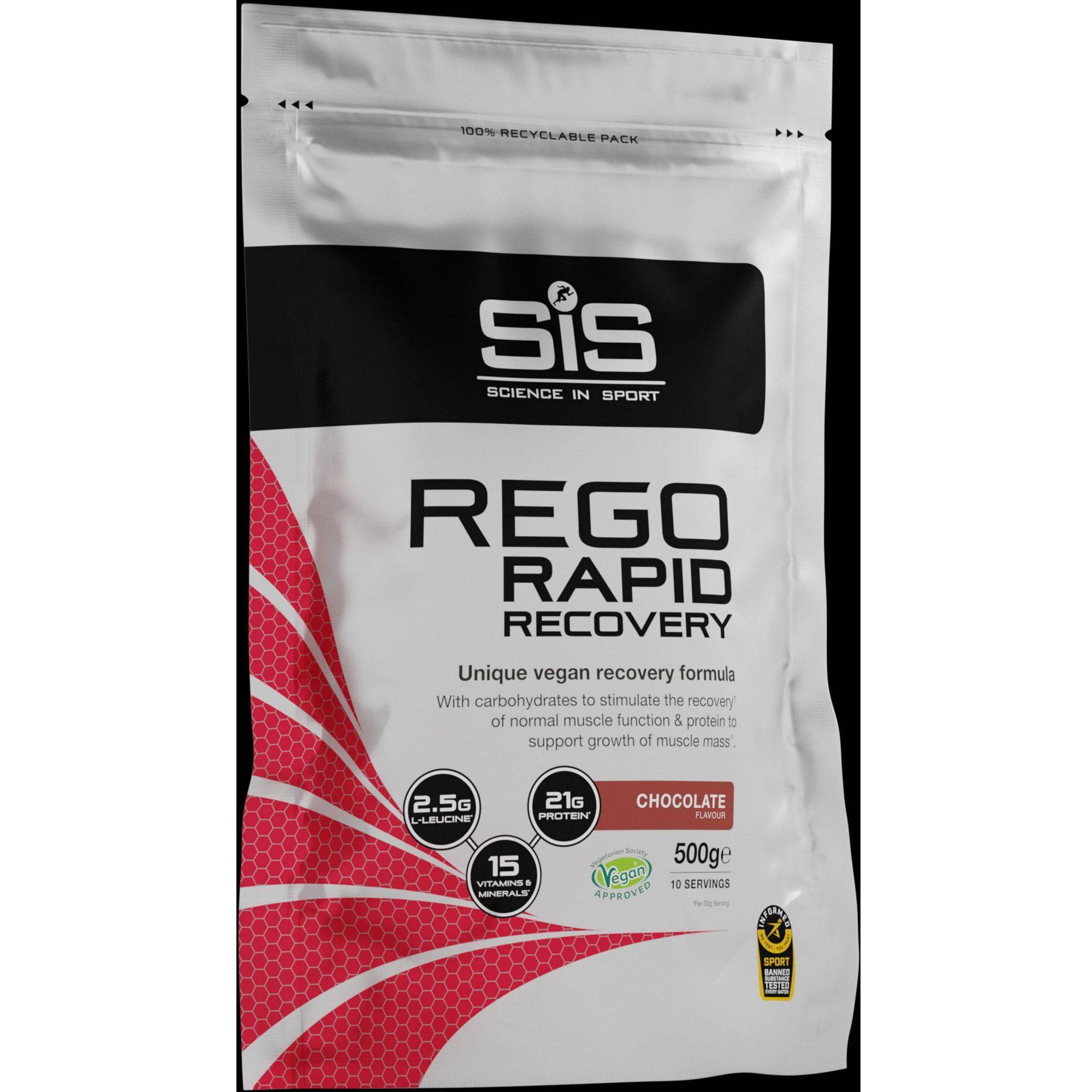 Science In Sport Rego Rapid Recovery Drink Powder, vegan post-workout supplement, shown in a resealable pouch with scoop.