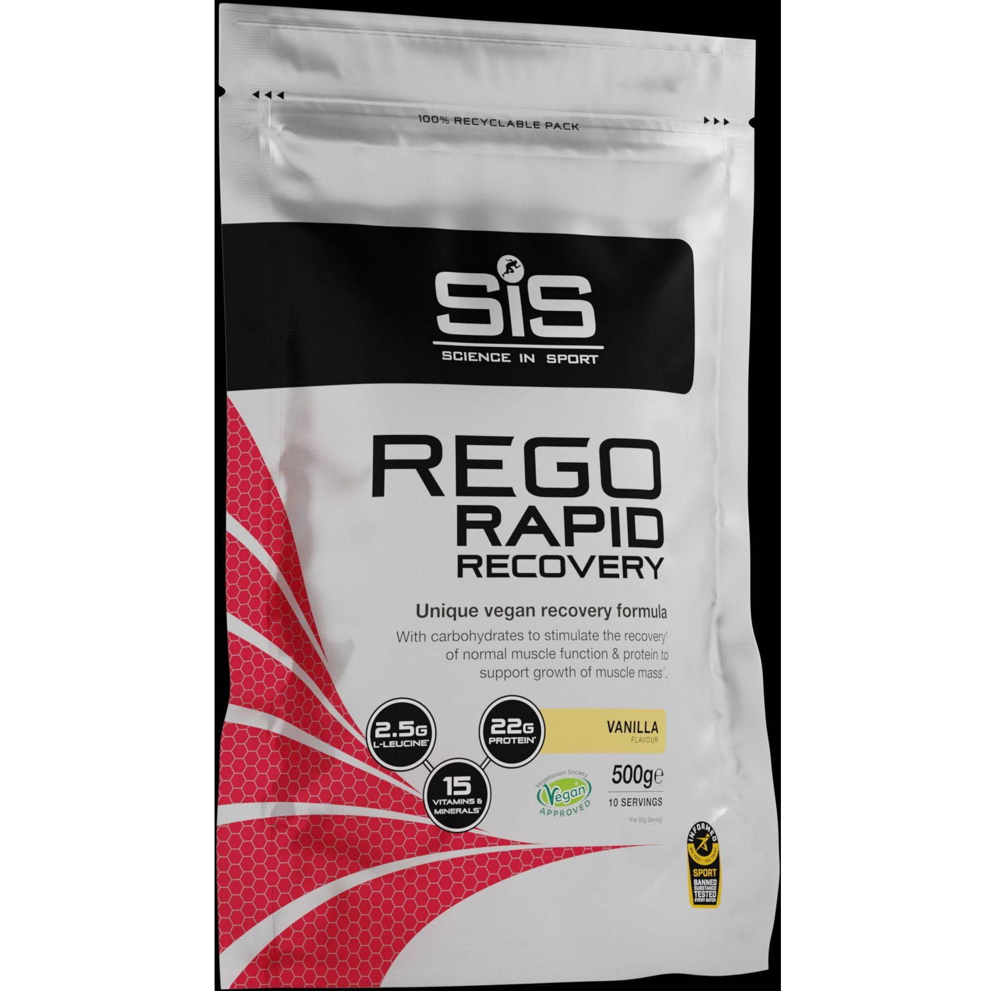 Science In Sport Rego Rapid Recovery Drink Powder vegan supplement for post-workout recovery, shown in a resealable bag.