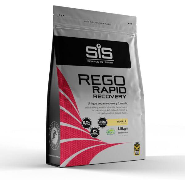 Science In Sport Rego Rapid Recovery Drink Powder vegan supplement in a scoop for post-workout recovery.