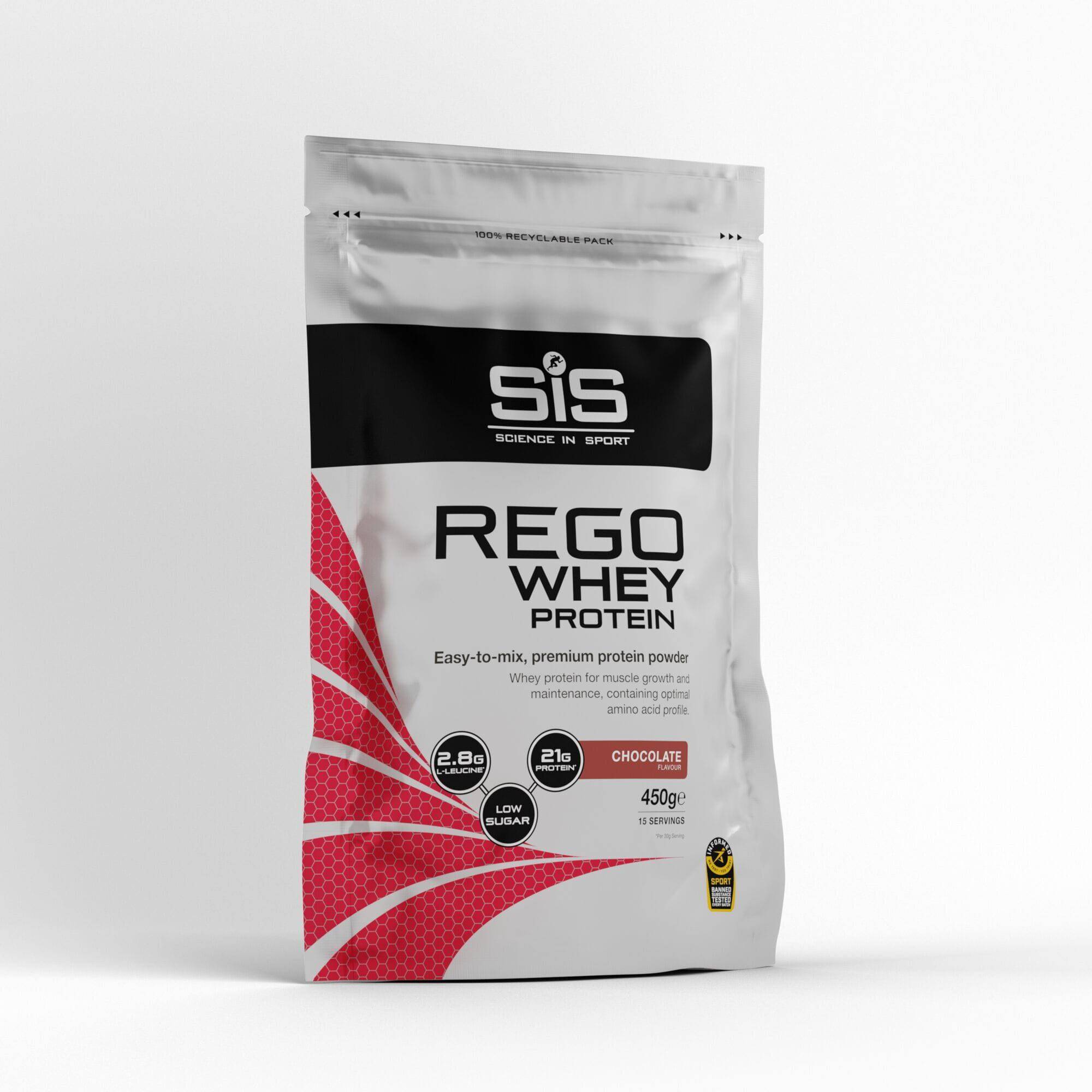 Science In Sport Rego whey protein drink powder for muscle recovery and growth, shown in a container with scoop and powder.