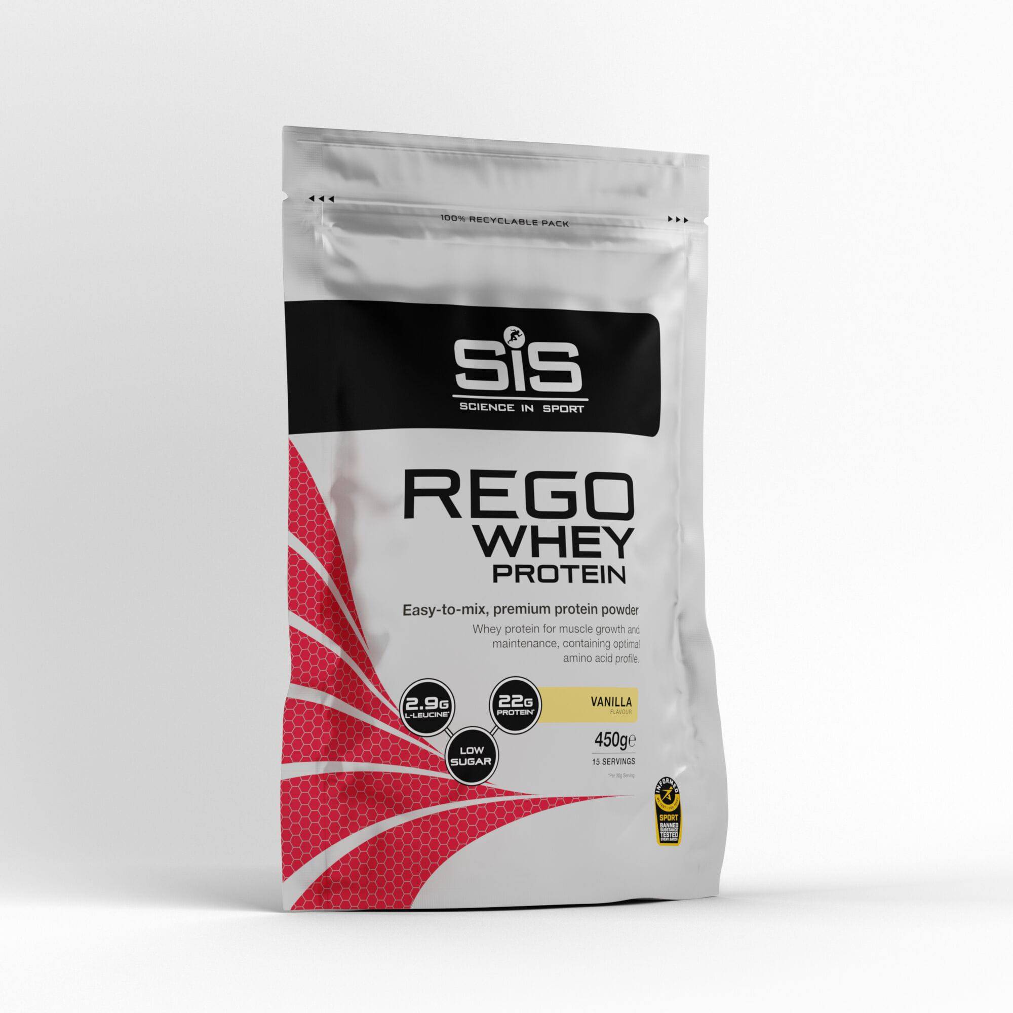 Science In Sport Rego whey protein drink powder for muscle recovery, showing the powder container and scoop in the image.