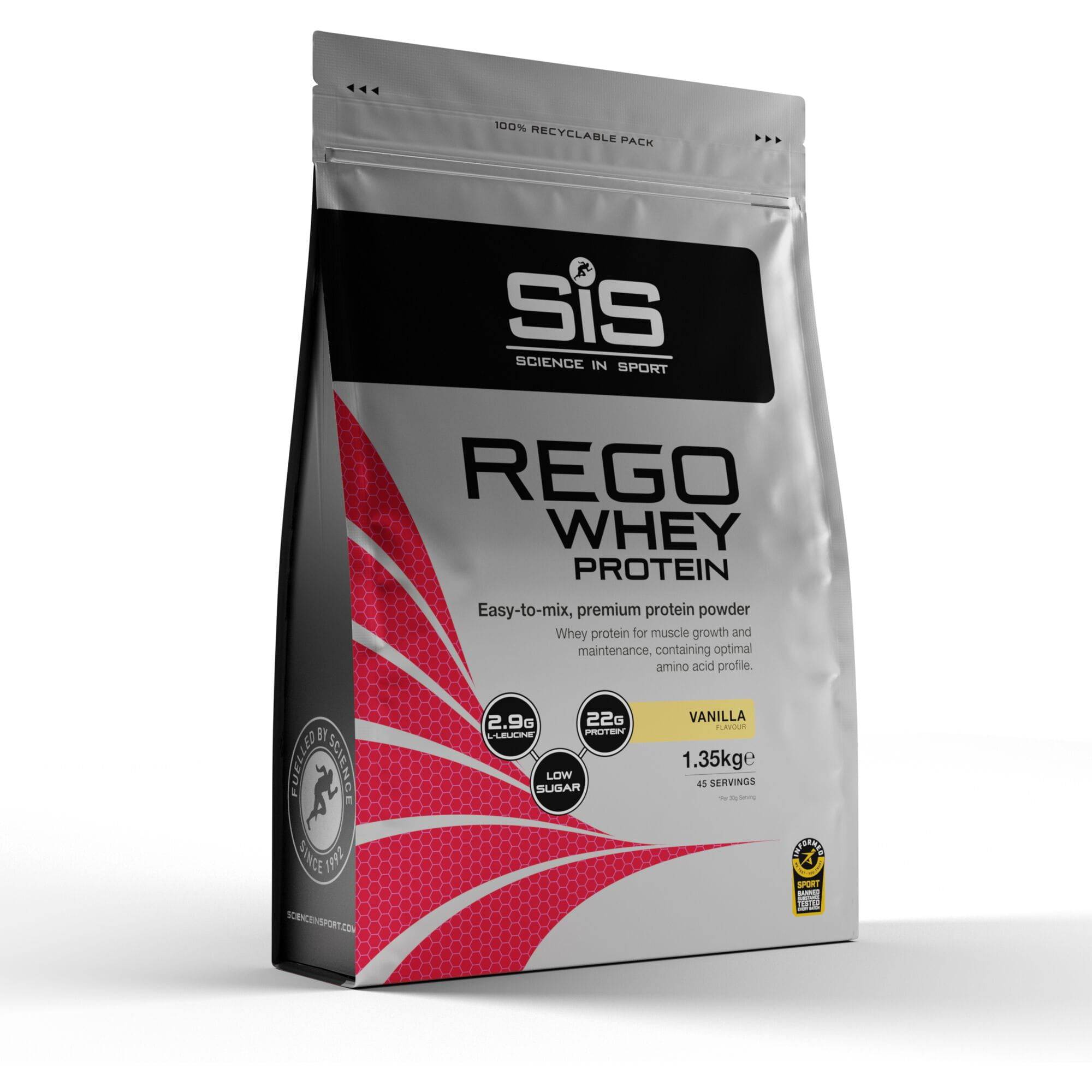 Science In Sport Rego whey protein drink powder for muscle recovery and growth, shown in a scoop with powder packaging.