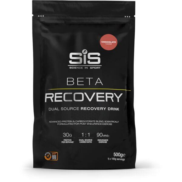 Science In Sport Beta Recovery Drink Powder in a container, designed for endurance and muscle repair, with scoops and powder visible.