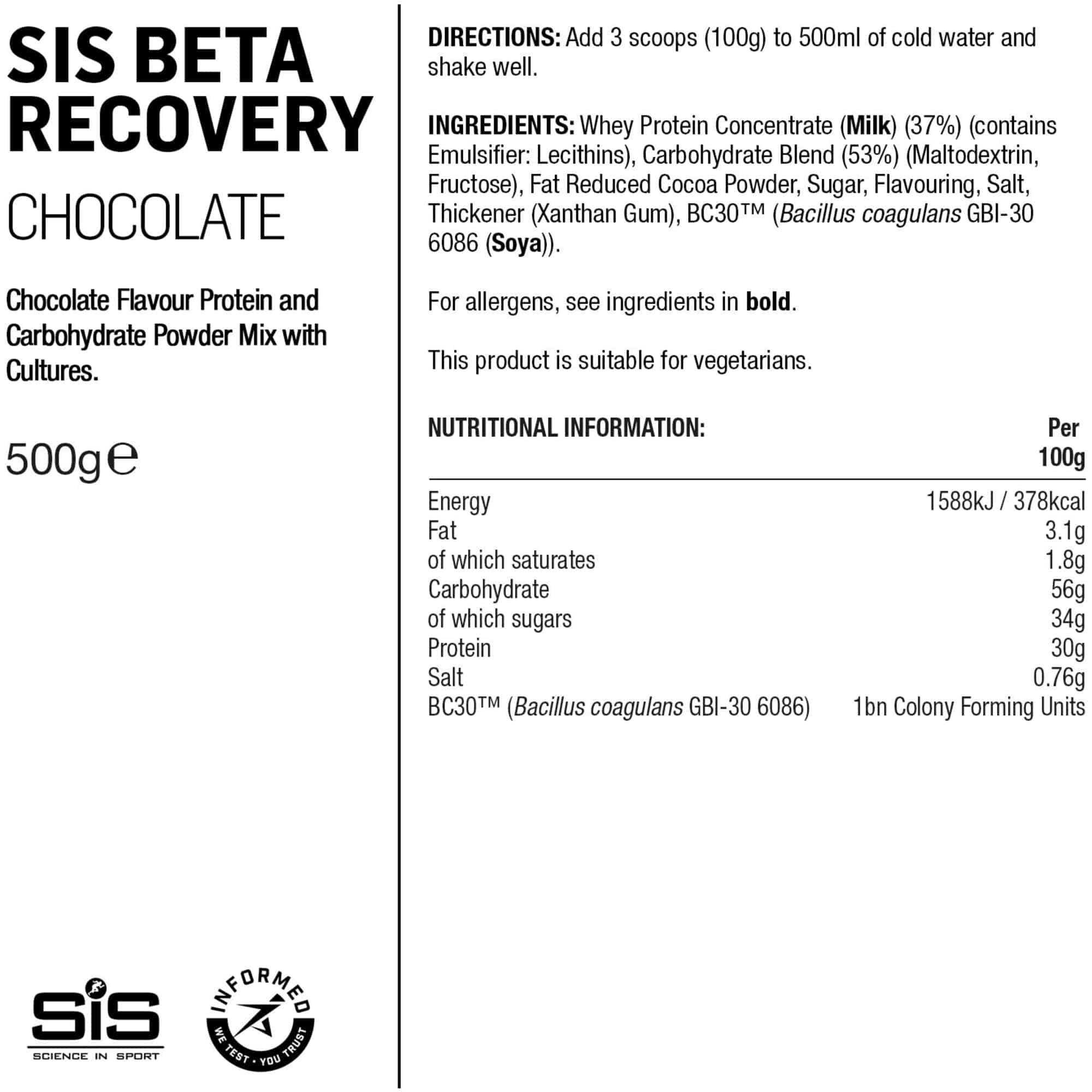 Science In Sport Beta Recovery Drink Powder, endurance and muscle repair supplement in a resealable bag.