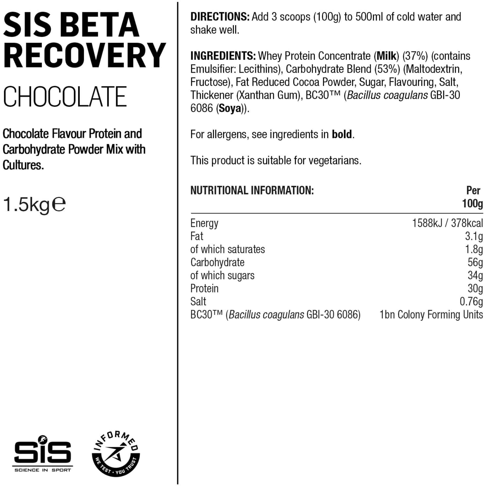 Science In Sport Beta Recovery Drink Powder for endurance and muscle repair, shown in a container with scoops and powder.