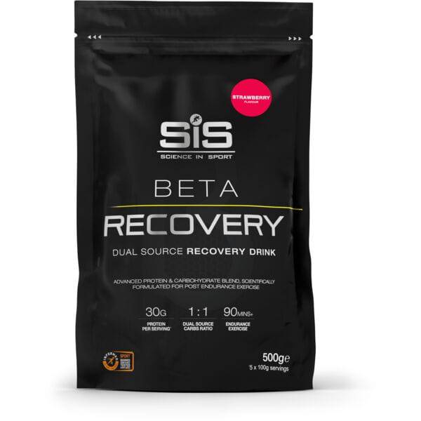Science In Sport Beta Recovery Drink Powder for endurance and muscle repair, shown in a container with scoops and powder.