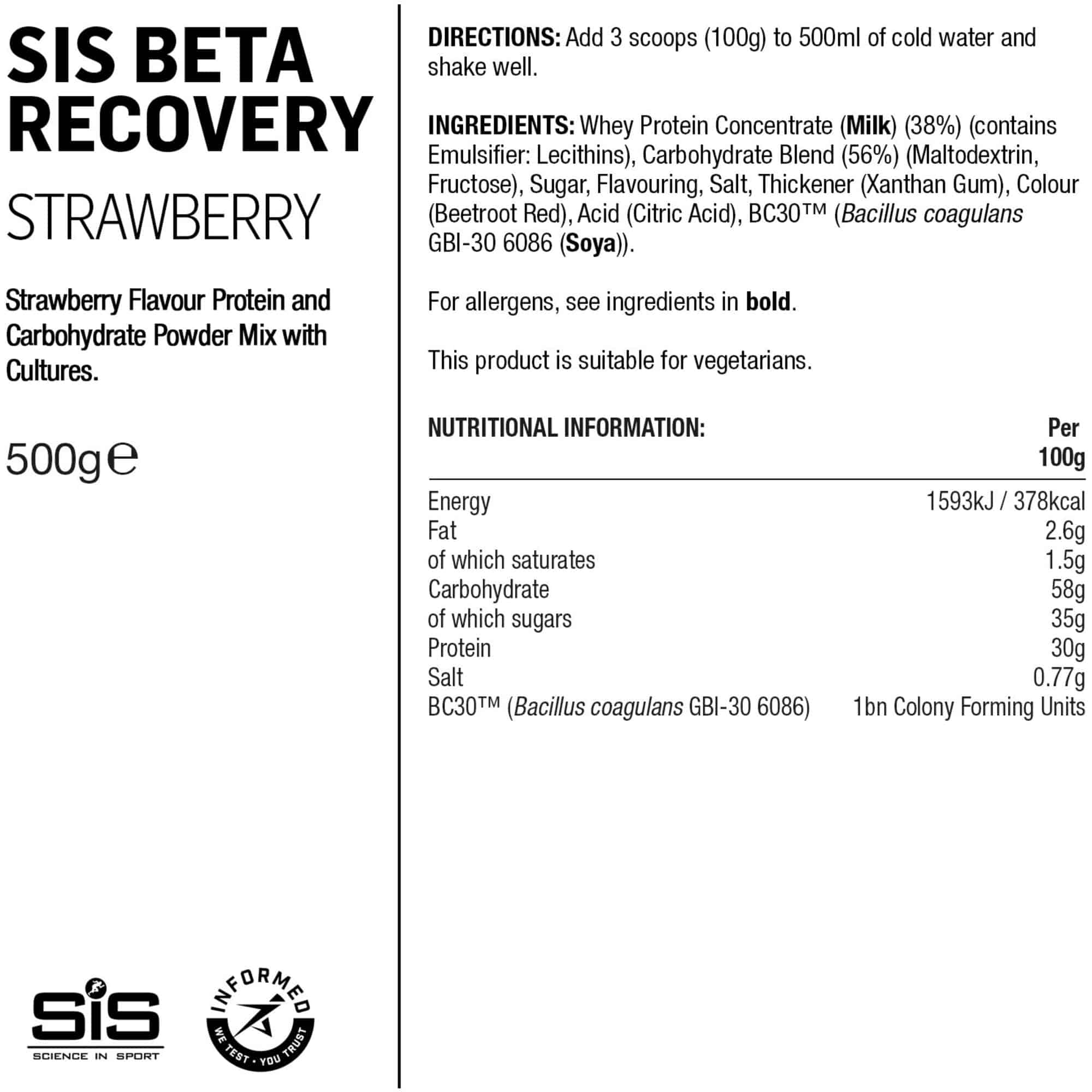 Science In Sport Beta Recovery Drink Powder container, endurance and muscle repair supplement, with scoops and label visible.