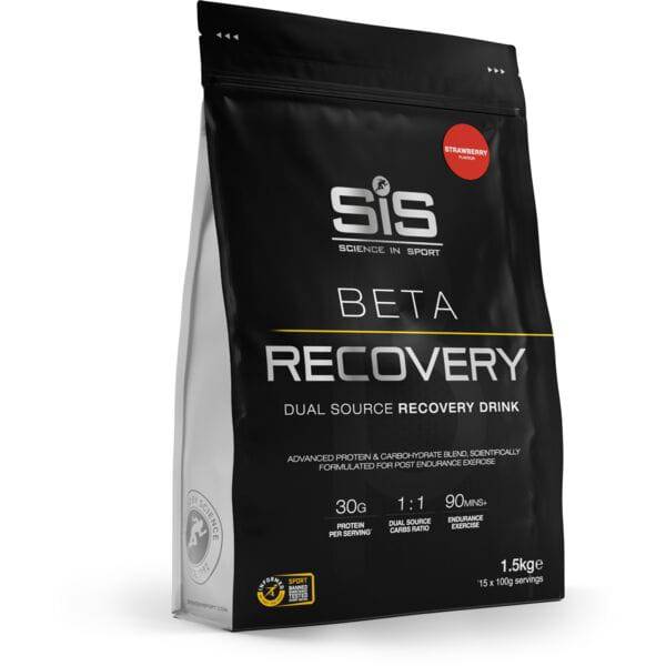 Science In Sport Beta Recovery Drink Powder, endurance and muscle repair supplement, shown in a clear container with scoop.