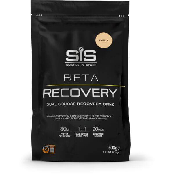 Science In Sport Beta Recovery Drink Powder for endurance and muscle repair, shown in a close-up of the product packaging.