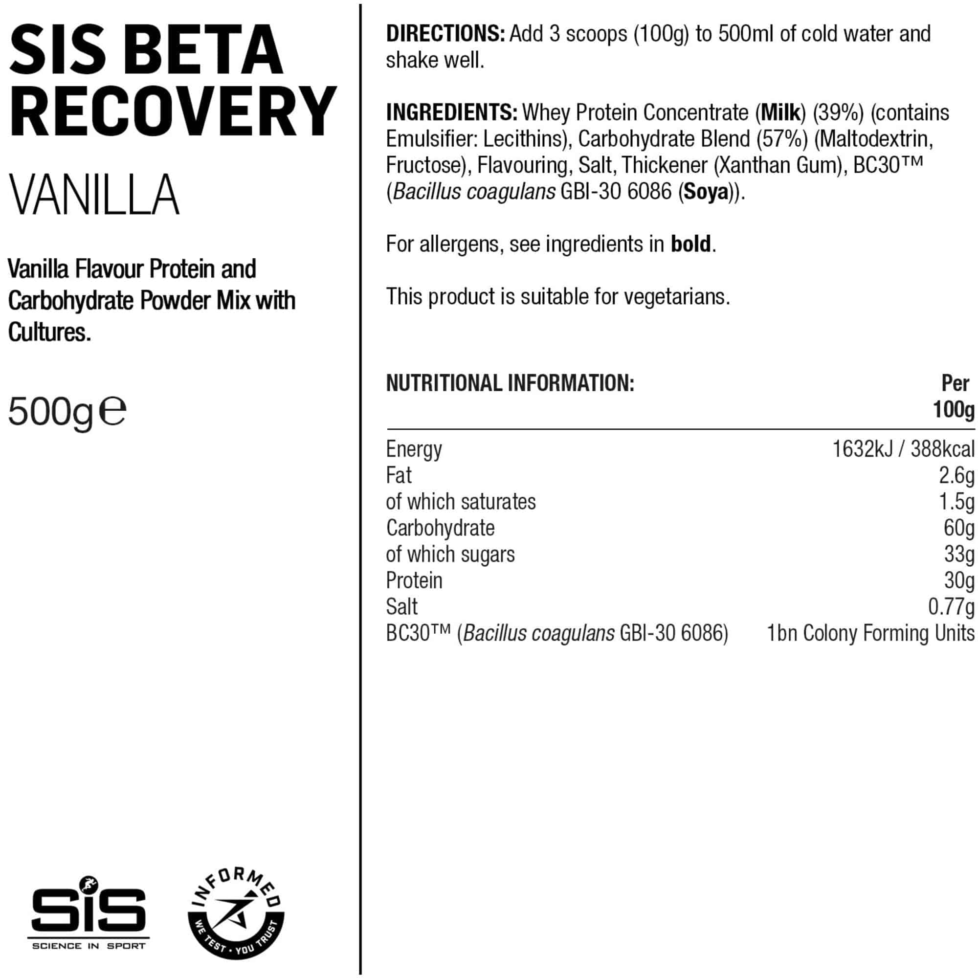 Science In Sport Beta Recovery Drink Powder for endurance and muscle repair, shown in a close-up of the supplement container.