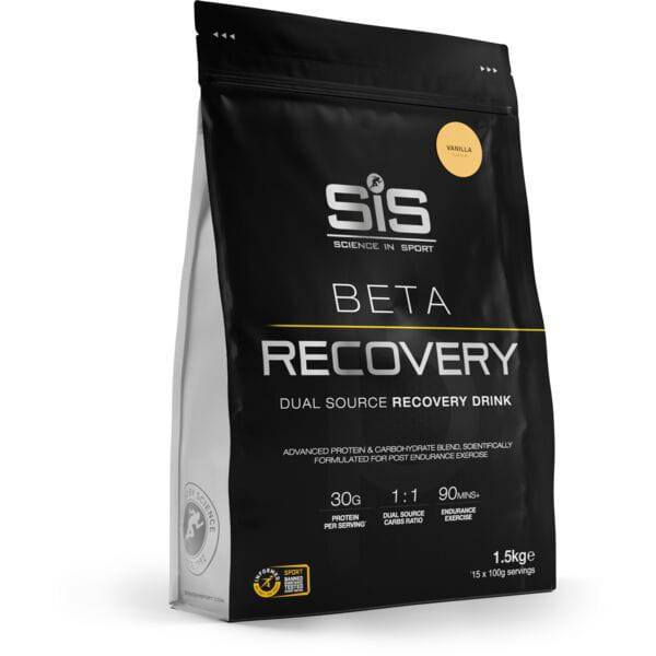 Science In Sport Beta Recovery Drink Powder container, sports nutrition accessory for endurance and muscle repair recovery.
