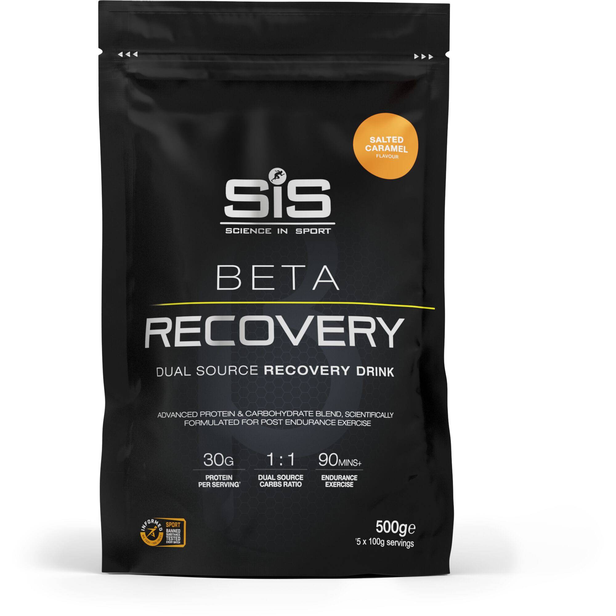 Science In Sport Beta Recovery Drink Powder for endurance and muscle repair, shown in a scoop with powder and accessories.