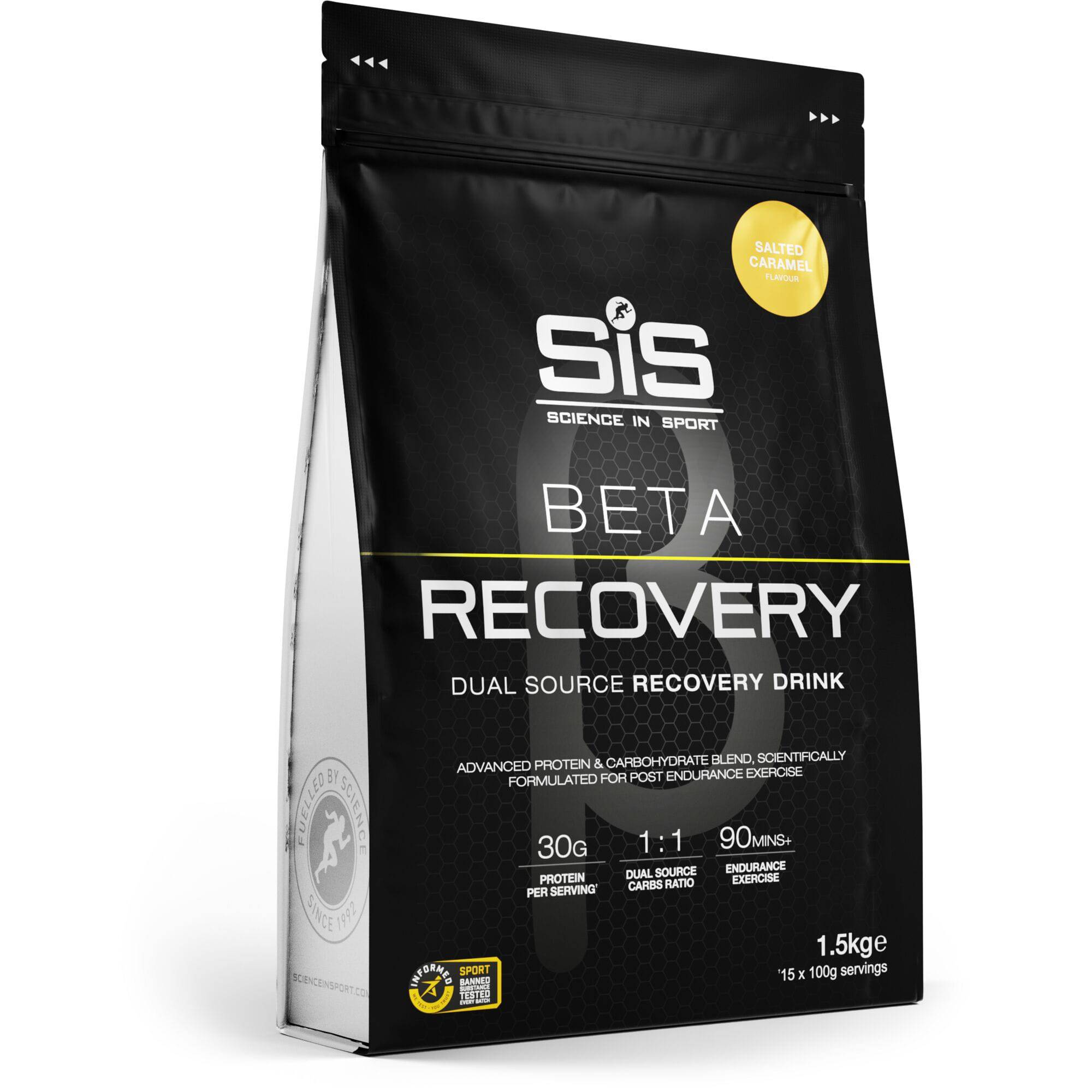 Science In Sport Beta Recovery Drink Powder for endurance and muscle repair, shown in a clear container with scoop and powder.