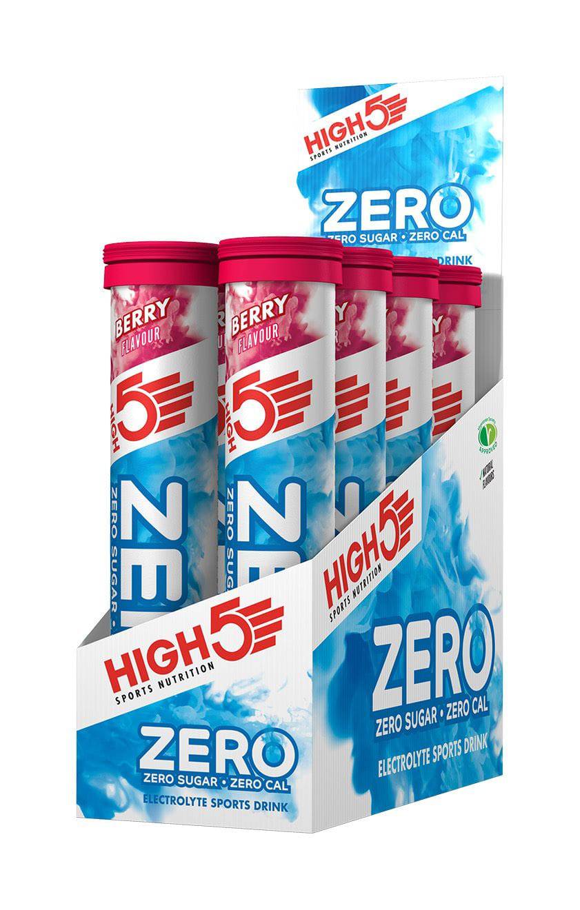 High5 ZERO Hydration electrolyte tablets in a tub, sugar-free with vitamin C, shown in a close-up image of the product container.