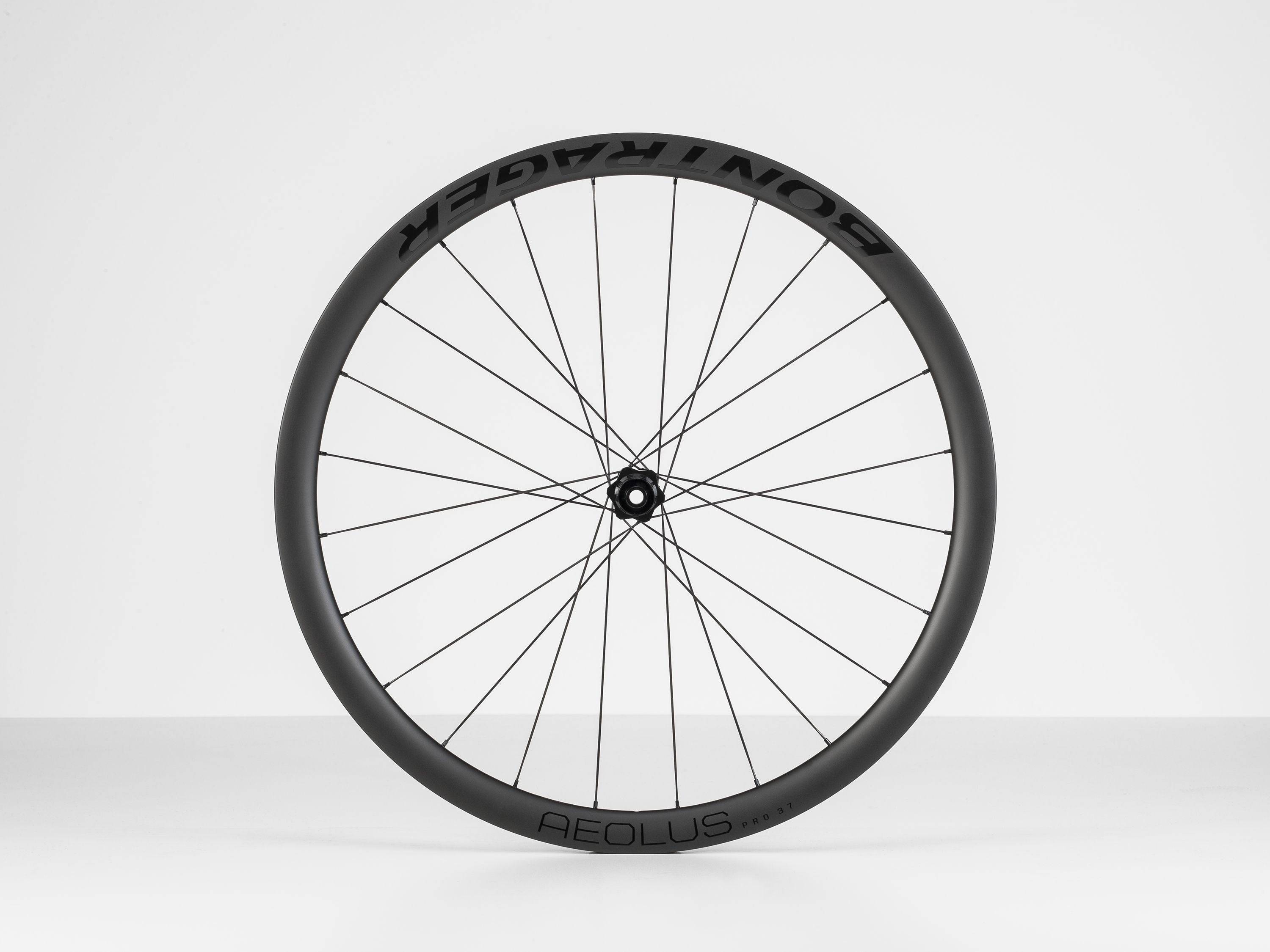 Bontrager Aeolus Pro 37 TLR disc road wheel with tubeless ready tires and DT Swiss 350 hubs, showcasing sleek aerodynamic design