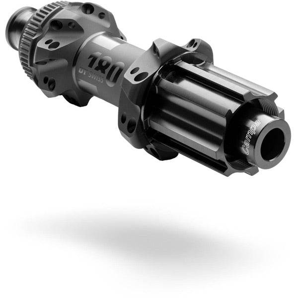 DT Swiss 180 rear disc hub with Centre-Lock, 142x12mm axle, Campagnolo 24-hole, black, high-performance bike component.
