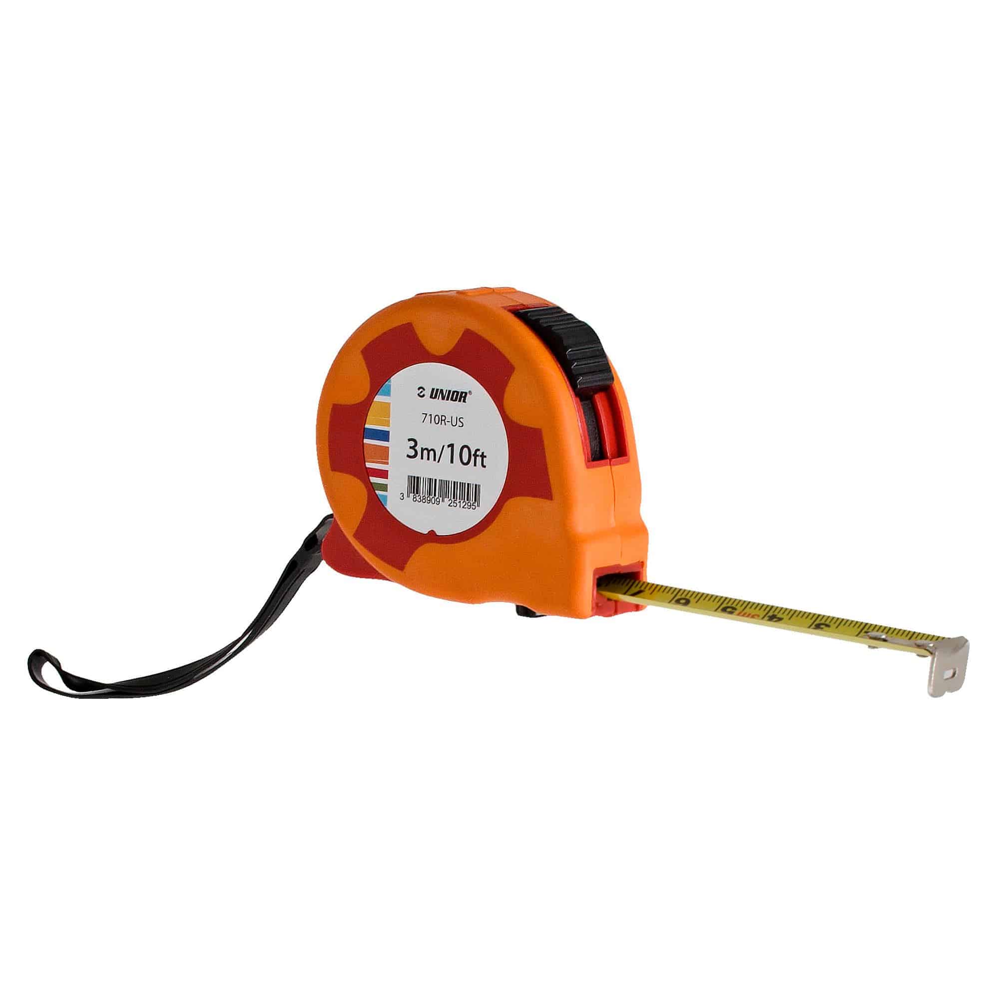 UNIOR 3M measuring tape with stop and clip, durable workshop tool shown in the image, ideal for precise measurements.