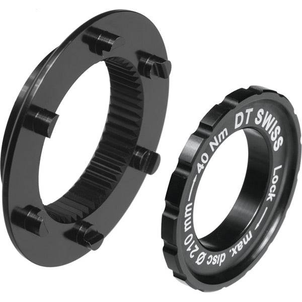 DT Swiss Centre-Lock to 6-Bolt adapter for MTB hubs with 15mm axles, showing the compact metal component for wheel compatibility.