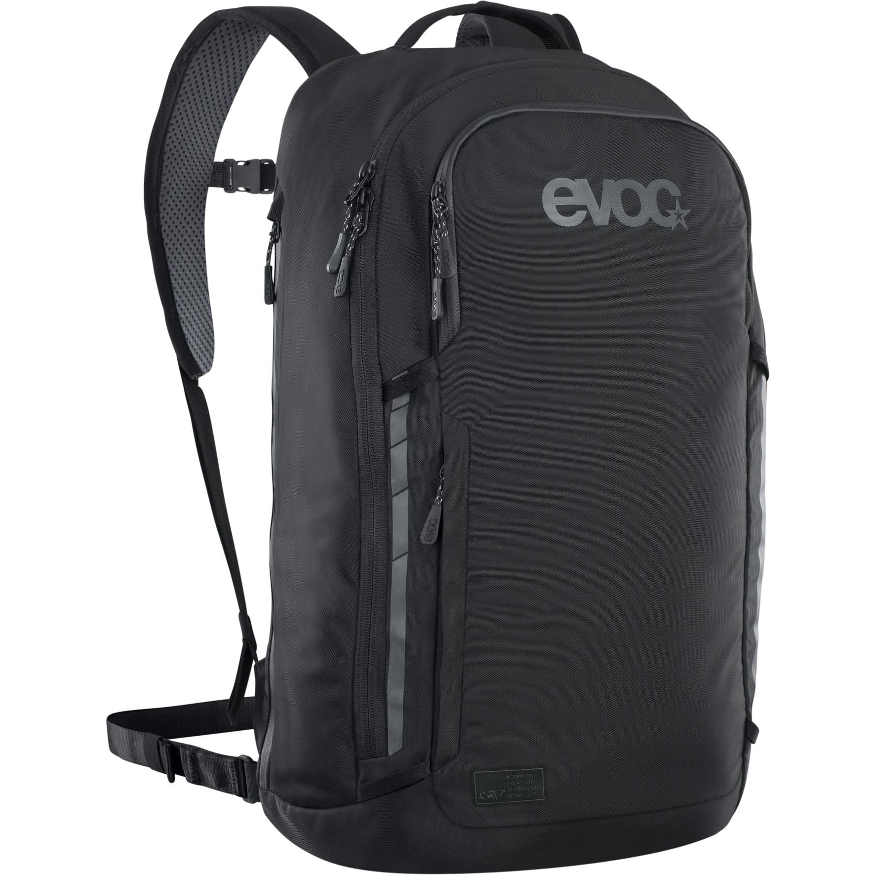 EVOC Commute 22L hydration backpack with laptop compartment, reflective safety features, designed for cycling and commuting.