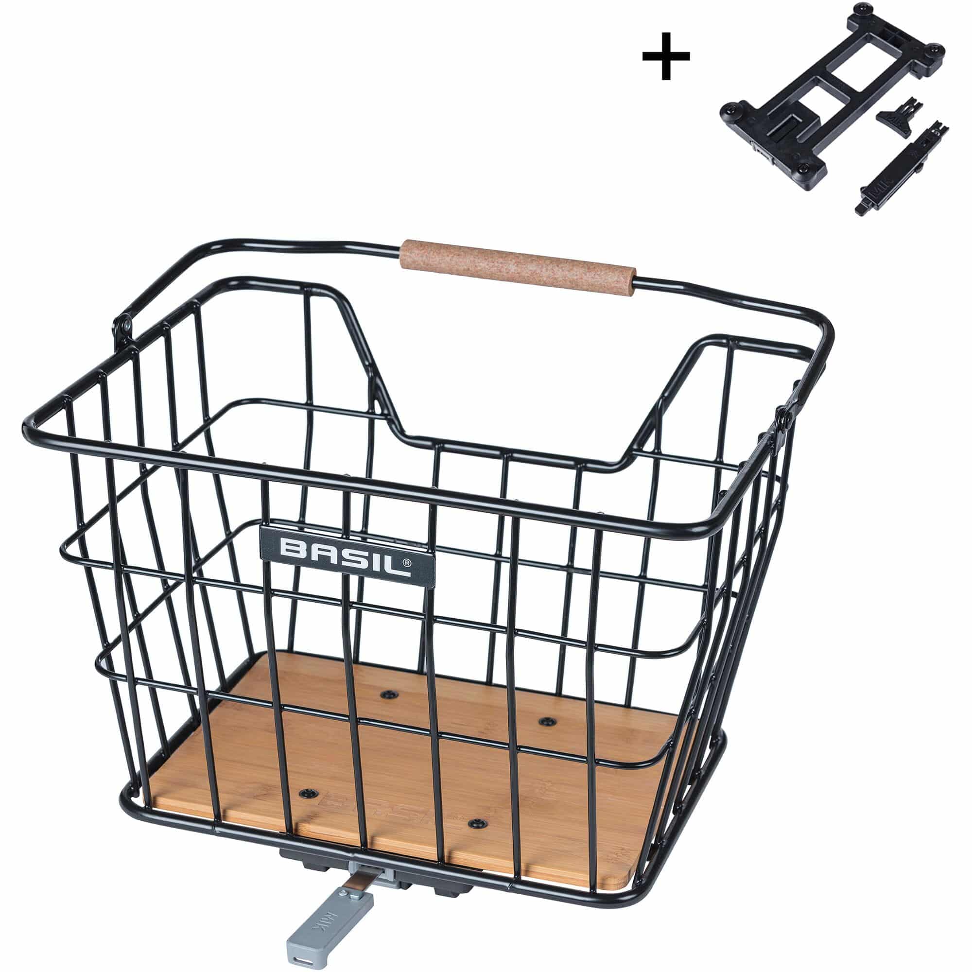 Basil Norland MIK 23L bicycle basket in black and natural brown, front and rear carrier compatible, mounted on a bicycle.