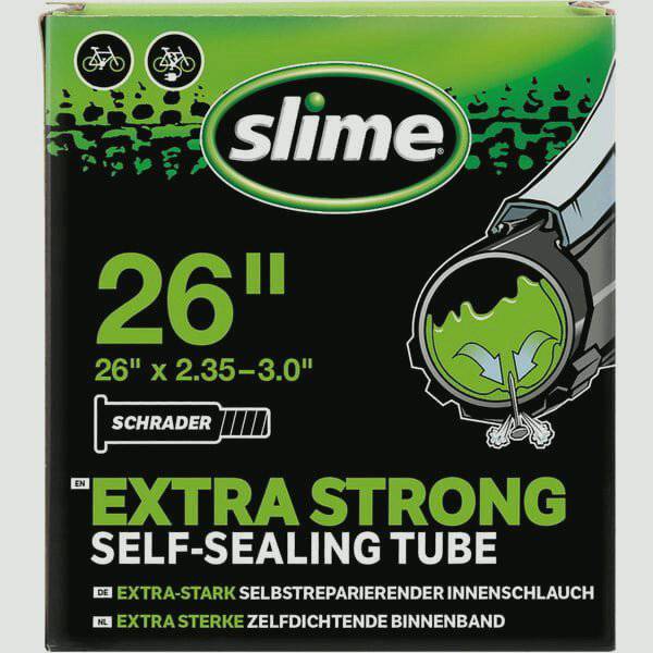 Slime Smart Tube 26x2.35-3.0 inch Schrader valve puncture seal inner tube for bicycle or motorcycle tires.
