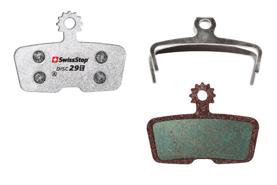 SwissStop Disc 29 brake pads for SRAM MTB Code and Guide Silver disc brakes, showing the brake pad components and branding.