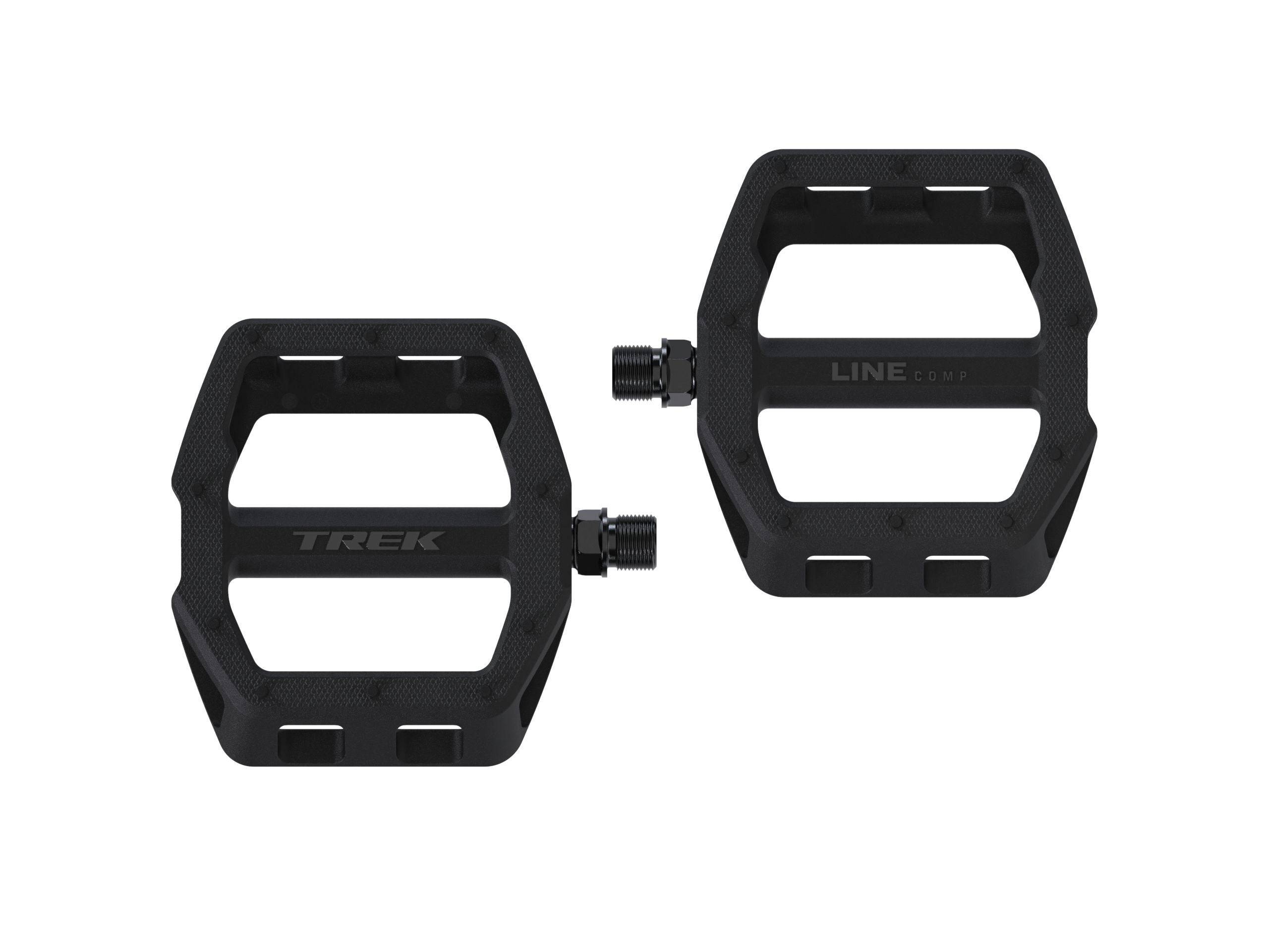 Trek Line Comp flat bike pedal set with durable construction, superior grip, and stability for mountain and road cycling.