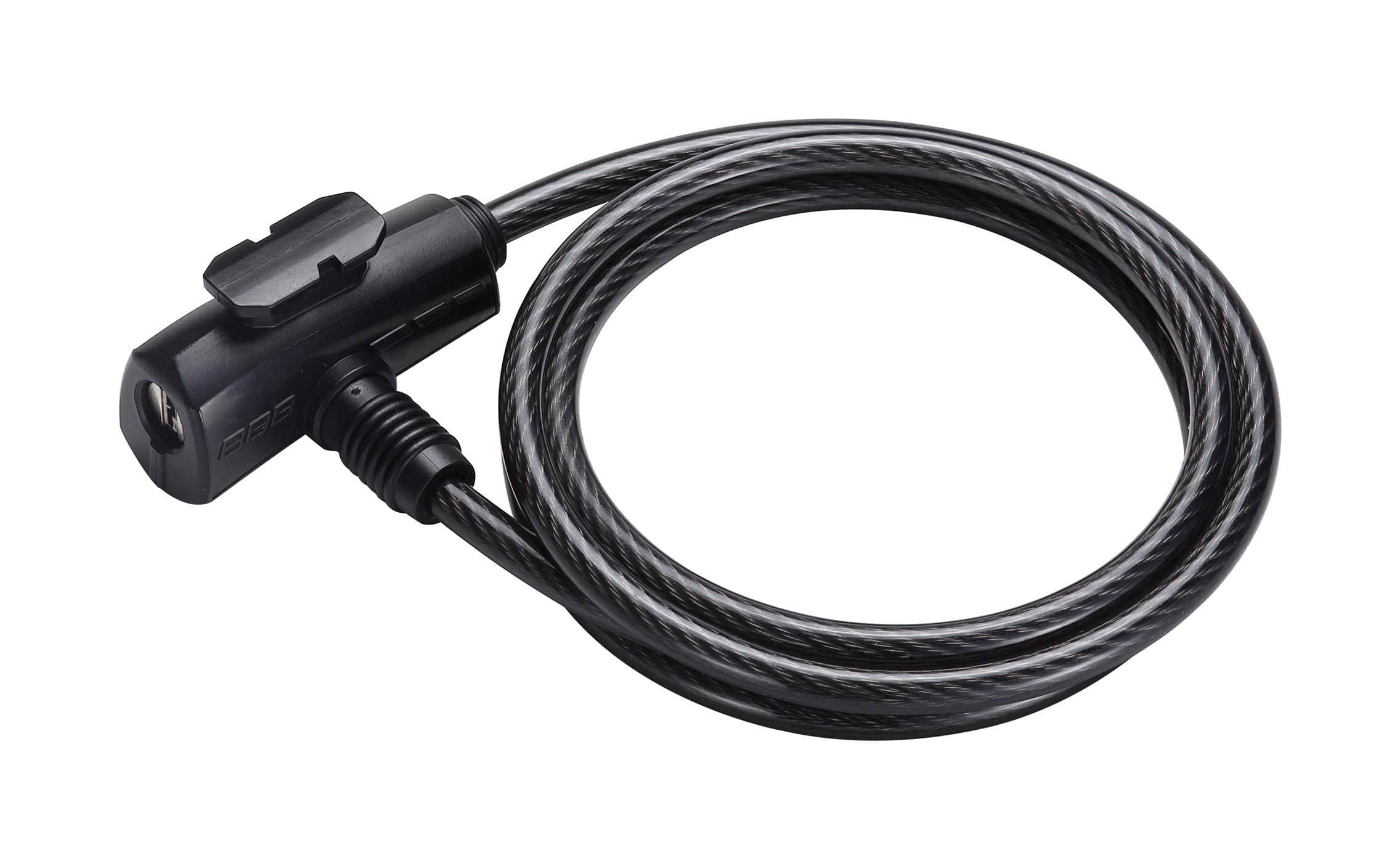 BBB BBL-61 QuickSafe coiled bike cable lock with 2 keys, 8x1500mm length, designed for secure bicycle locking accessories.