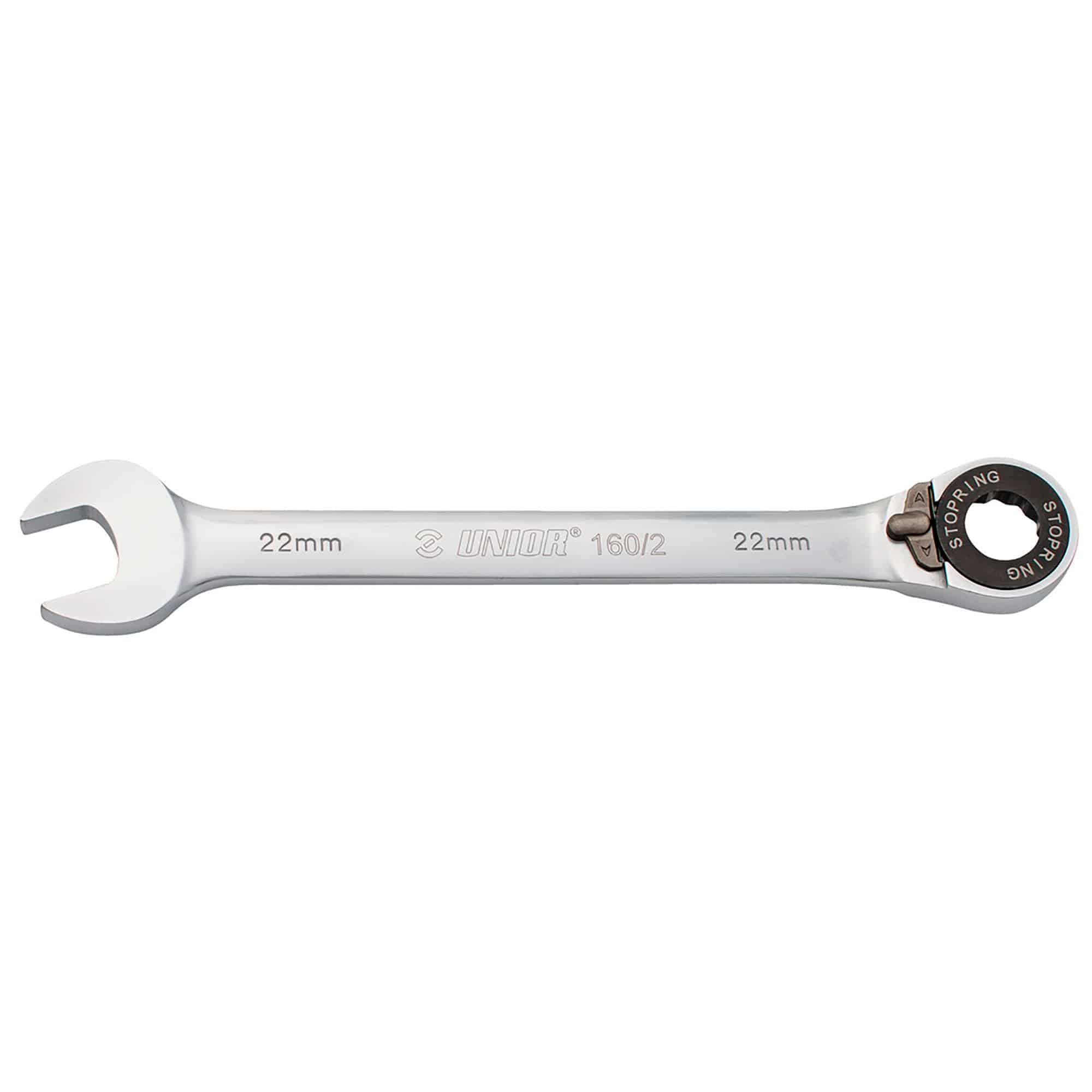 UNIOR forged combination ratchet wrench with 72-tooth gear and 5° working angle, used in workshop tools for versatile fastening.