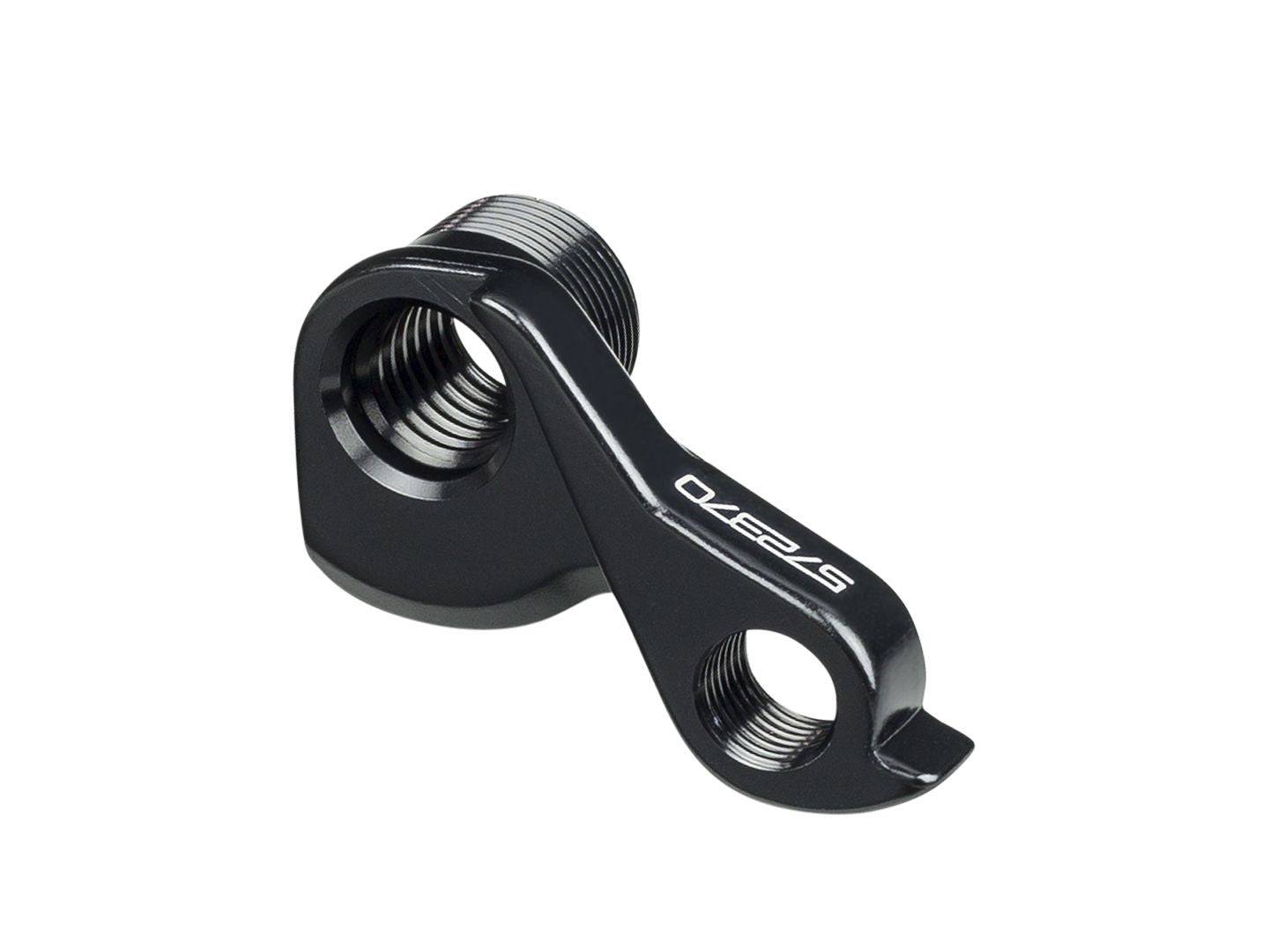 Trek hardtail bike rear derailleur hanger in black with 142x12mm thru axle, mounted on the rear drive side of the bicycle.