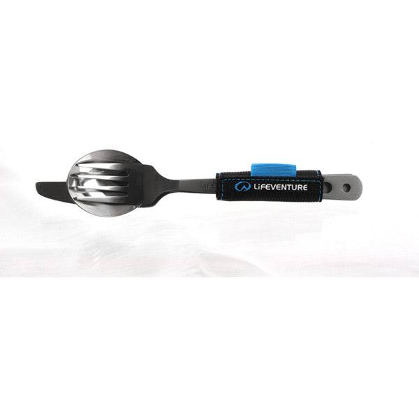 Lifeventure titanium camping knife, fork, and spoon set with compact outdoor accessories for hiking and camping activities