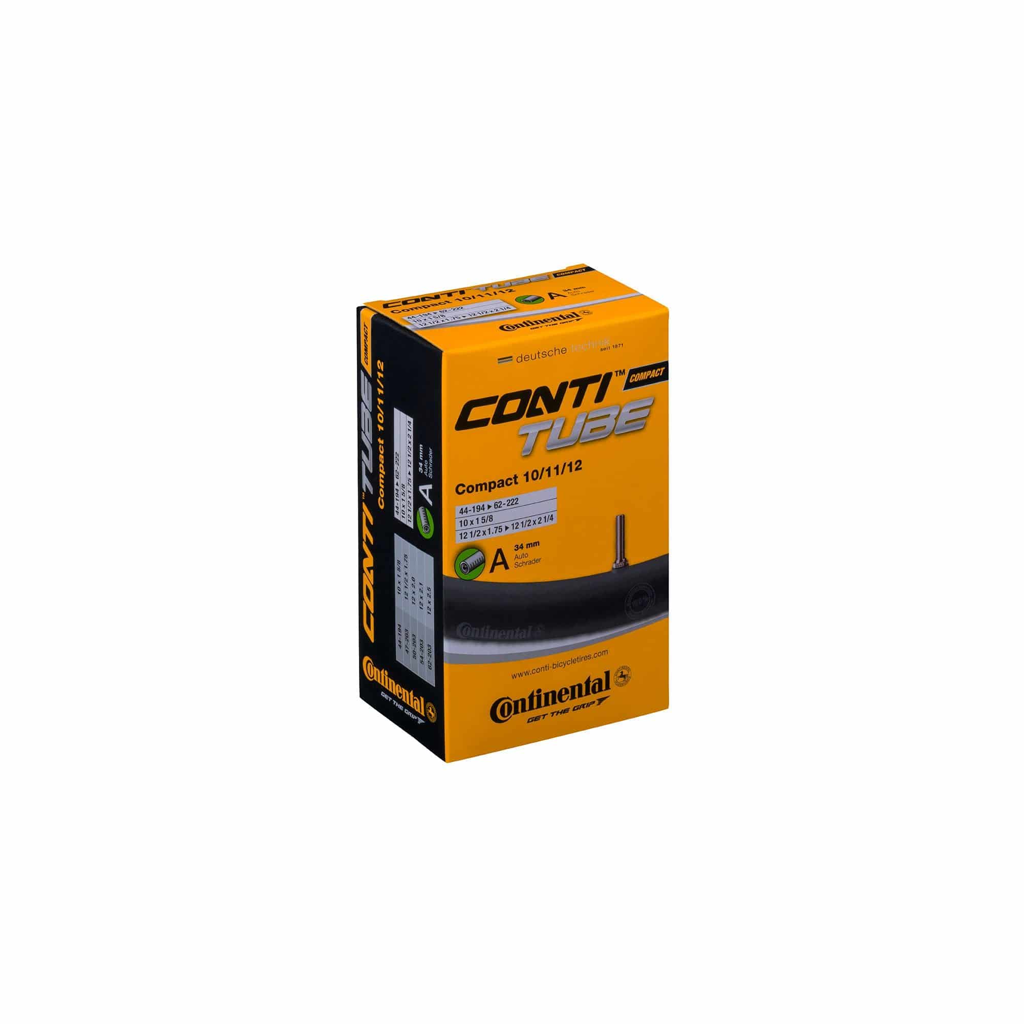 Black Continental compact bike tube with 20x1.90-2.50" size and 34mm Schrader valve, designed for durable cycling performance.