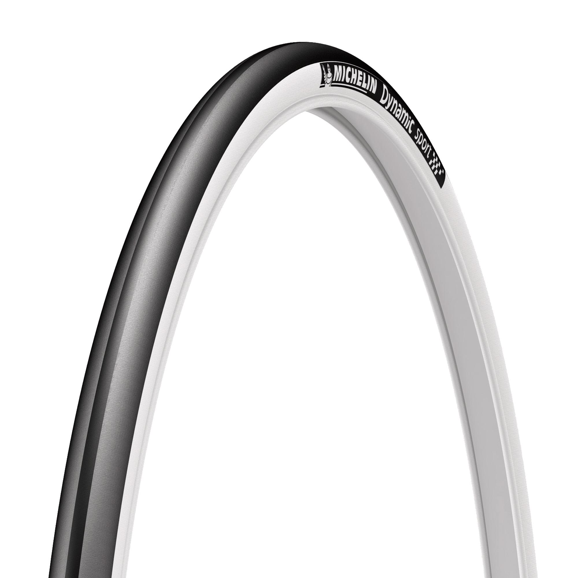 Michelin Dynamic Sport wire bead road cycling tire displayed with tread pattern and sidewall details for durability and performance.