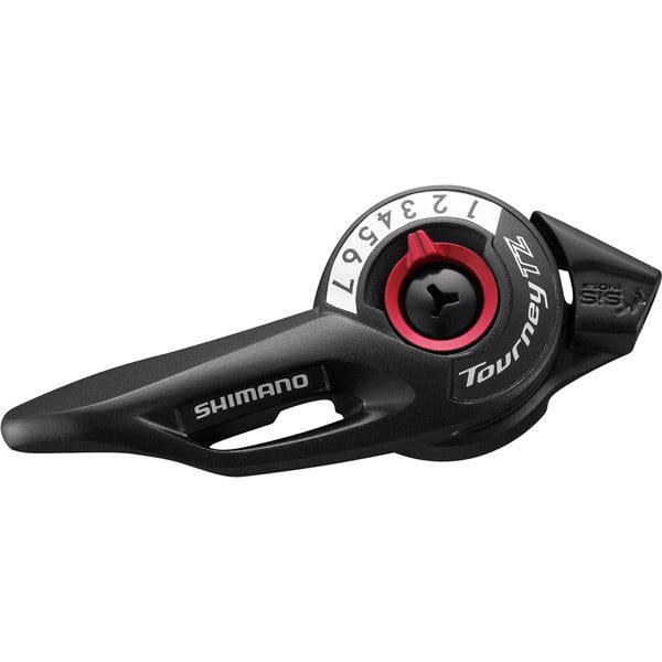 Shimano SL-TZ500 right-hand 7-speed SIS thumb shifter for mountain bike components, with grip and gear indicator visible.