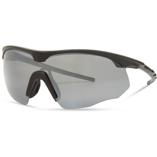 Madison Eyewear Shields matte black sunglasses with three polarized lenses in silver mirror, bronze, and yellow.